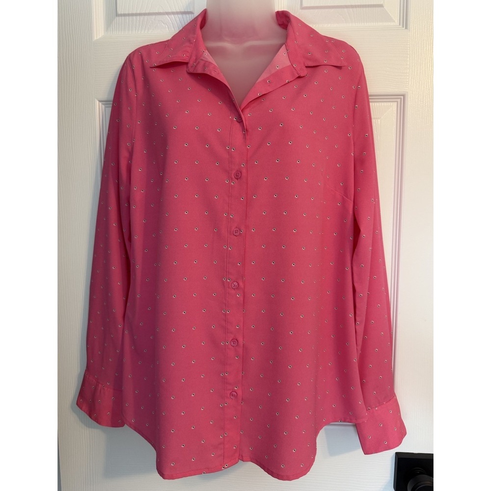 Y2K Merona Womens Long Sleeve Button Up Micro Polka Dot Blouse Sz L Pink Preppy
